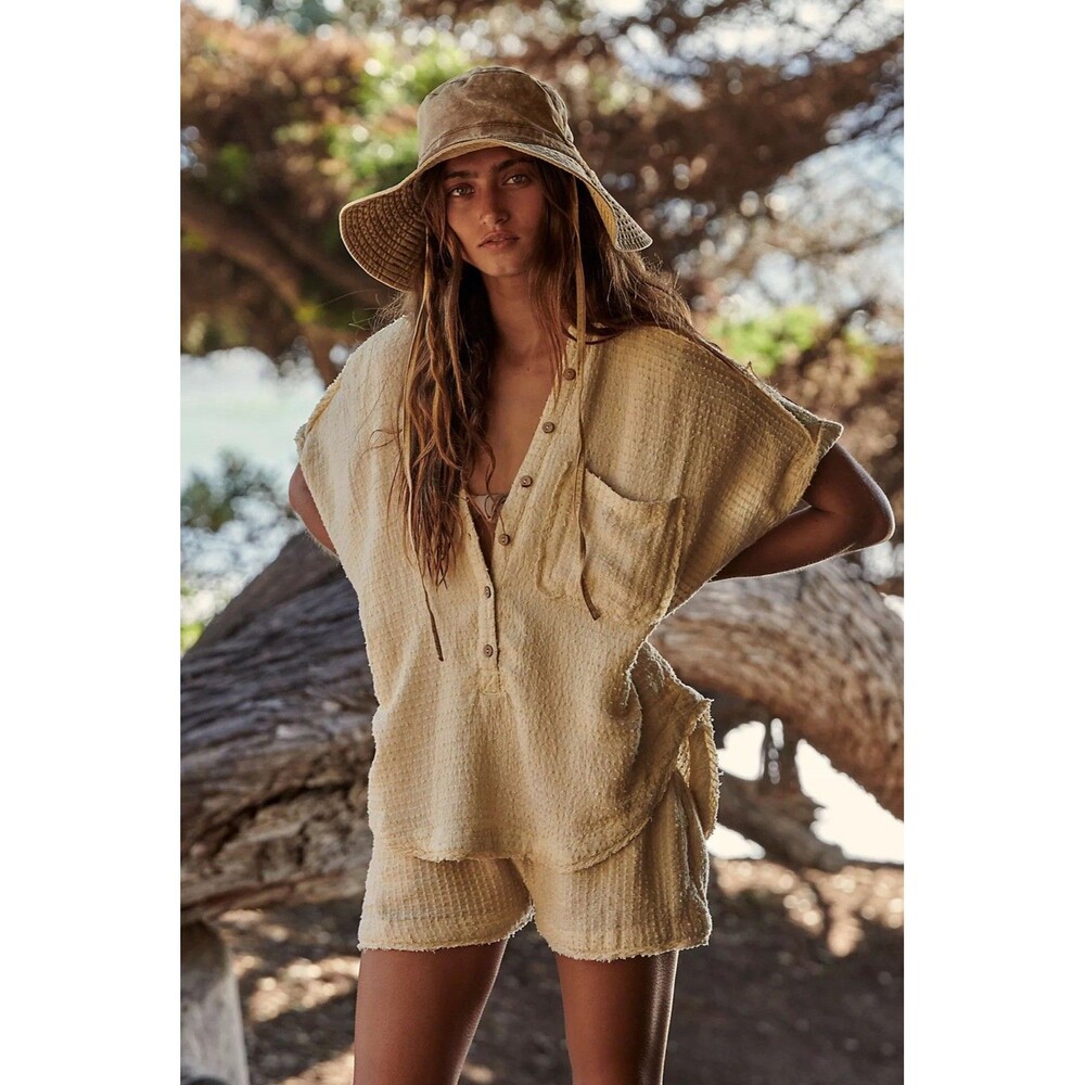 Free People Cream Gauze Short Jumpsuit Romper with Button Placket